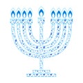 Happy Hanukkah Menorah Hebrew Blue color lettering greeting card traditional Chanukah symbols Royalty Free Stock Photo