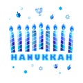 Happy Hanukkah Menorah Hebrew Blue color lettering greeting card traditional Chanukah symbols Royalty Free Stock Photo