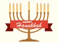 Happy Hanukkah. Menorah with nine candles and ribbon isolated on white background. Jewish festival greeting card. Vector Royalty Free Stock Photo