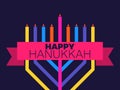 Happy Hanukkah. Multi colored menorah with nine candles and ribbon. Jewish festival greeting card. Vector illustration Royalty Free Stock Photo