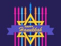 Happy Hanukkah. Multi colored nine candles and Star of David. Jewish festival greeting card. Vector illustration Royalty Free Stock Photo