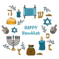 Happy Hanukkah Pattern Hand Drawn Background with Holiday Symbols. Royalty Free Stock Photo