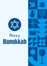 Happy Hanukkah postcard. Minimal vintage 20s geometric design poster with blue traditional shapes elements. Neo