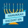 Hanukkah sale or discount design for an emblem, sticker or logo with menorah with burning candles. Vector illustration.