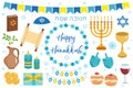 Happy hanukkah set of icons flat style. Hanukkah collection of design elements with menorah, sufganiyot, bunting