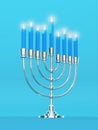 Happy Hanukkah - Silver Realistic Menorah, Candle Stand Candelabrum with Lit Candles - 3D Illustration Render