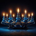 Happy hanukkah symbol background with burning candles in menorah, generative ai