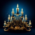 Happy hanukkah symbol background with burning candles in menorah, generative ai