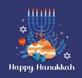 Happy Hanukkah template for your design. Greeting Card with Menorah, Sufganiyot, Dreidel. Vector illustration Royalty Free Stock Photo