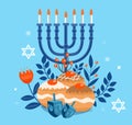 Happy Hanukkah template for your design. Greeting Card with Menorah, Sufganiyot, Dreidel. Vector illustration