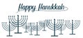 Happy Hanukkah text and repeat pattern of simple outline Hanukkah menorah with burning candles in blue color with empty background Royalty Free Stock Photo