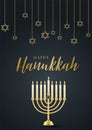 Happy Hanukkah. Traditional Jewish holiday. Chankkah banner, poster or flyer design concept, black luxury background.