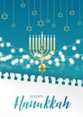 Happy Hanukkah. Traditional Jewish holiday. Chankkah banner, poster or flyer design concept, blue background. Judaic religion deco Royalty Free Stock Photo