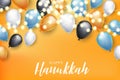 Happy Hanukkah. Traditional Jewish holiday. Chankkah banner, poster or flyer design concept, blue background. Judaic religion deco