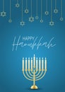 Happy Hanukkah. Traditional Jewish holiday. Chankkah banner, poster or flyer design concept, blue background. Judaic religion deco Royalty Free Stock Photo