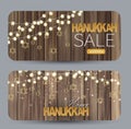 Happy Hanukkah. Traditional Jewish holiday. Chankkah banner, set with round corners. Judaic religion decor with golden lettering,