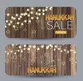 Happy Hanukkah. Traditional Jewish holiday. Chankkah banner, set with round corners. Judaic religion decor with golden lettering