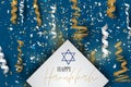 Happy Hanukkah. Traditional Jewish holiday. Chankkah banner or wallpaper background design concept. Judaic religion decor with gol Royalty Free Stock Photo