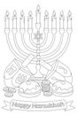 Happy Hanukkah. Vector illustration. Coloring page. Greeting card.