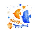 Happy Hanukkah, vector watercolor illustration, banner design. Traditional jewish holiday greeting card with birds and