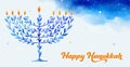 Happy Hanukkah, vector watercolor illustration, banner design. Traditional jewish holiday greeting card with menorah and Royalty Free Stock Photo