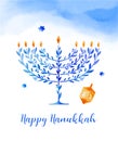 Happy Hanukkah, vector watercolor illustration, banner design. Traditional jewish holiday greeting card with menorah and Royalty Free Stock Photo