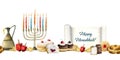 Happy Hanukkah watercolor seamless horizontal border with menorah with candles, traditional sufganiyot donuts, dreidels