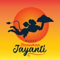 Happy Hanuman Jayanti greeting wallpaper poster vector, flying hanuman silhouette illustration banner