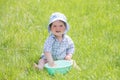 A happy happy happy boy frolicking in the basin. outdoors in summer, spraying water. .child plays with a basin of water on the Royalty Free Stock Photo