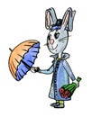 Happy hare with an umbrella and a bouquet