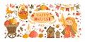 Happy Harvest Festival Set. Hand drawn lettering phrase and Happy harvest symbols. Autumn Pumpkin, corn and girl