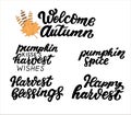 Happy harvest quotes. Pumpkin kisses harvest wishes. Pumpkin spice. Welcome autumn. Harvest blessings. Hand lettering phrase set