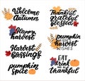 Happy harvest quotes set. Pumpkin kisses harvest wishes. Pumpkin spice. Welcome autumn. Harvest blessings. Hand lettering phrase