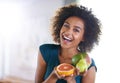 Happy, health and portrait of woman with fruit for fresh, organic or nutrition snack for diet. Smile, wellness and young Royalty Free Stock Photo