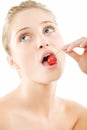 Happy health woman eating cherry Royalty Free Stock Photo