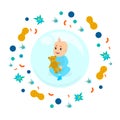 Happy healthy baby sitting inside safety bubble