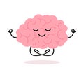 Happy healthy brain mind character meditation yoga relax. Health brain mental organ sit in lotus, keep calm. Vector flat