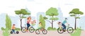 Happy and healthy family characters with kids cycling in summer. Parents with children riding bikes or bicycles together Royalty Free Stock Photo