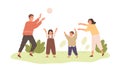 Happy healthy family with kids playing with ball outdoors. Parents and children spending leisure time together in nature