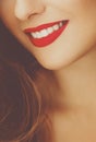 Happy healthy female smile with perfect natural white teeth, beauty face closeup of smiling young woman, bright lipstick Royalty Free Stock Photo