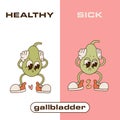 Happy healthy gallbladder vs sick sad gallbladder with stones. Retro cartoon Characters to illustrate the problem of