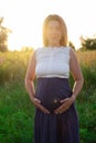 Happy healthy pregnancy and maternity. Portrait of pregnant young caucasian woman wearing long blue dress posing in park Royalty Free Stock Photo