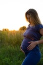 Happy healthy pregnancy and maternity. Portrait of pregnant young caucasian woman wearing long blue dress posing in park Royalty Free Stock Photo