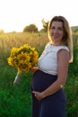 Happy healthy pregnancy and maternity. Portrait of pregnant young caucasian woman wearing long blue dress posing in park Royalty Free Stock Photo