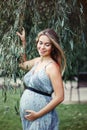 Pregnant young Caucasian woman wearing long blue dress posing in park Royalty Free Stock Photo