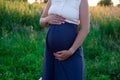 Happy healthy pregnancy and maternity. Portrait of pregnant young caucasian woman wearing long blue dress posing in park Royalty Free Stock Photo