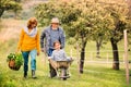 Senior couple with grandaughter gardening in the backyard garden Royalty Free Stock Photo