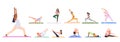 Happy healthy slim woman cartoon characters set doing sport activities at yoga or pilates class Royalty Free Stock Photo