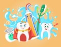 Happy healthy teeth, toothbrush, toothpaste and tooth floss with human faces, flat vector illustration. Best friends.