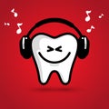 Happy and healthy tooth in headphones listening to music. Vector